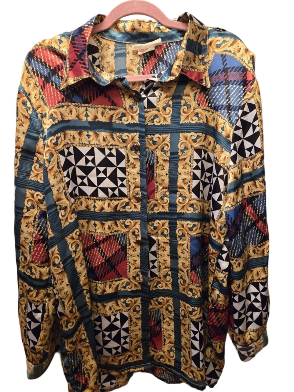 Vintage Baroque Print Blouse Mixed Pattern Gold Chain Plaid Shirt M L